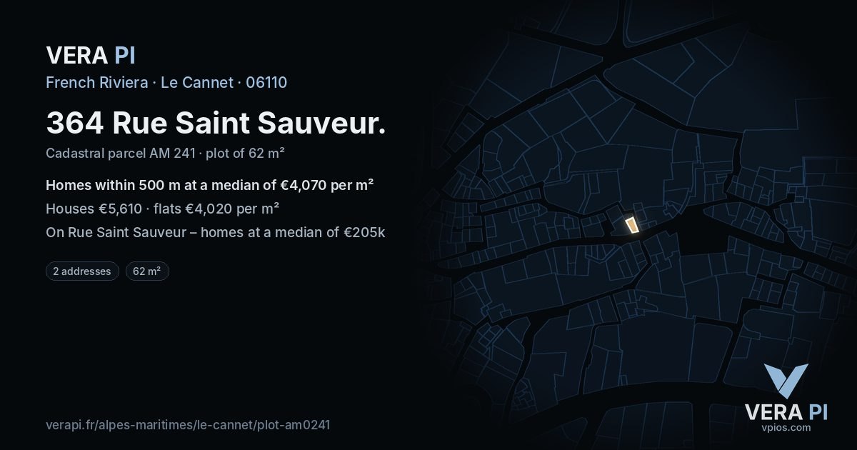 364 Rue Saint Sauveur, Le Cannet at night – the plot lit, the parcels around coloured by the prices near them