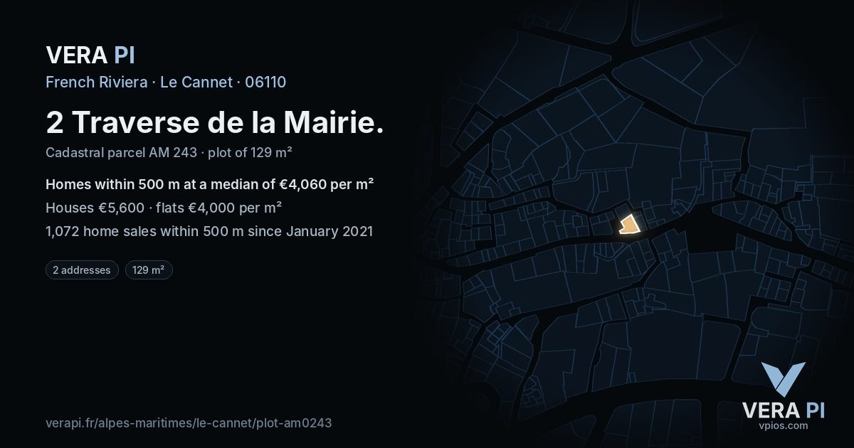 2 Traverse de la Mairie, Le Cannet at night – the plot lit, the parcels around coloured by the prices near them