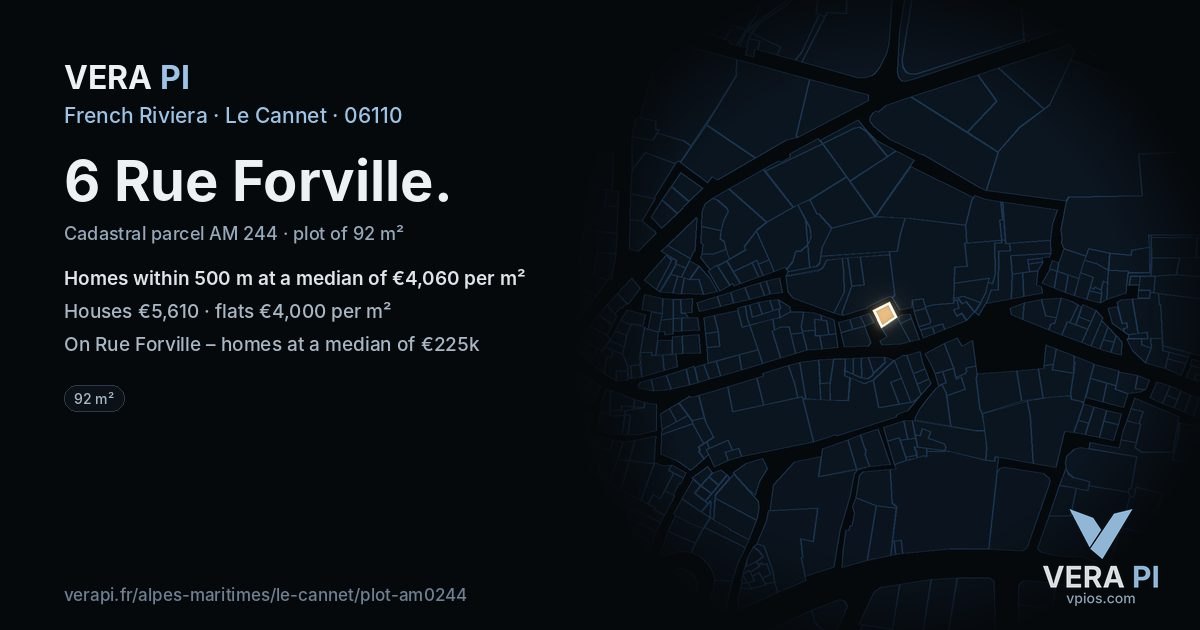 6 Rue Forville, Le Cannet at night – the plot lit, the parcels around coloured by the prices near them
