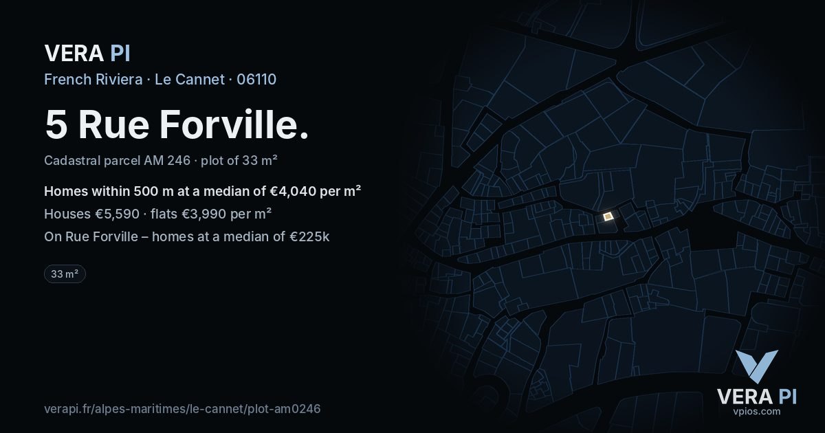 5 Rue Forville, Le Cannet at night – the plot lit, the parcels around coloured by the prices near them