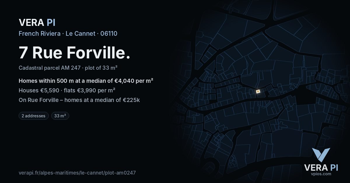 7 Rue Forville, Le Cannet at night – the plot lit, the parcels around coloured by the prices near them