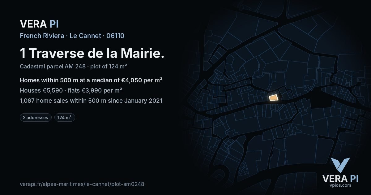 1 Traverse de la Mairie, Le Cannet at night – the plot lit, the parcels around coloured by the prices near them