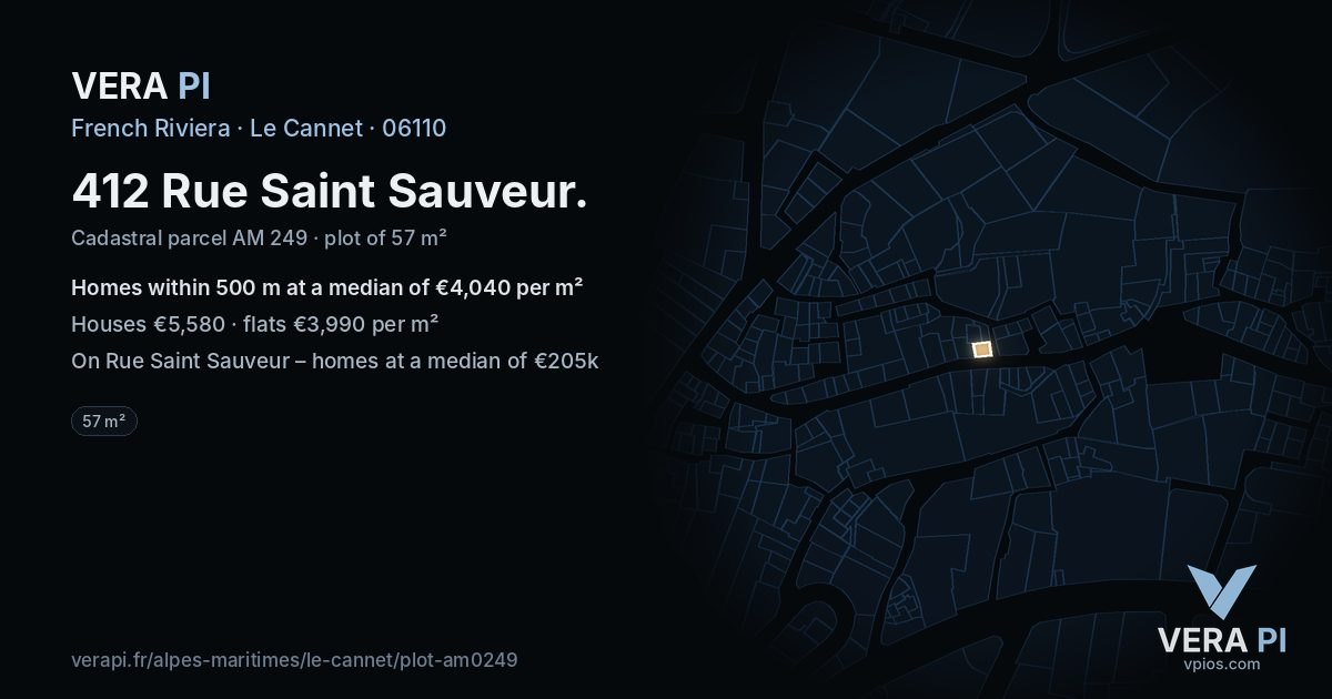 412 Rue Saint Sauveur, Le Cannet at night – the plot lit, the parcels around coloured by the prices near them
