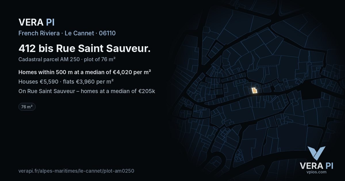 412 bis Rue Saint Sauveur, Le Cannet at night – the plot lit, the parcels around coloured by the prices near them