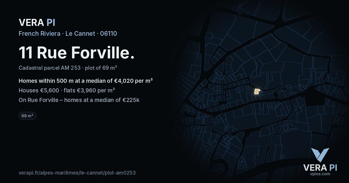 11 Rue Forville, Le Cannet at night – the plot lit, the parcels around coloured by the prices near them