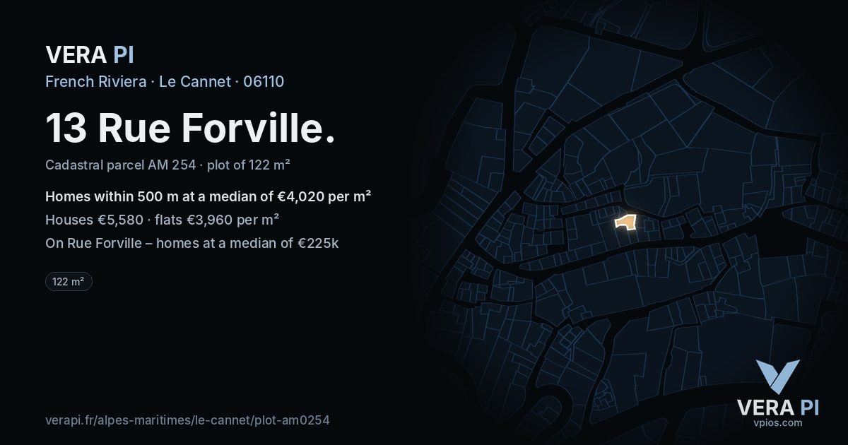 13 Rue Forville, Le Cannet at night – the plot lit, the parcels around coloured by the prices near them