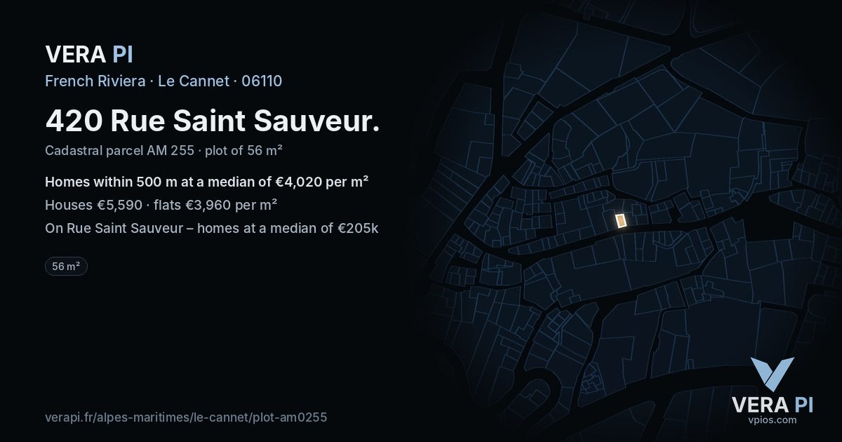 420 Rue Saint Sauveur, Le Cannet at night – the plot lit, the parcels around coloured by the prices near them