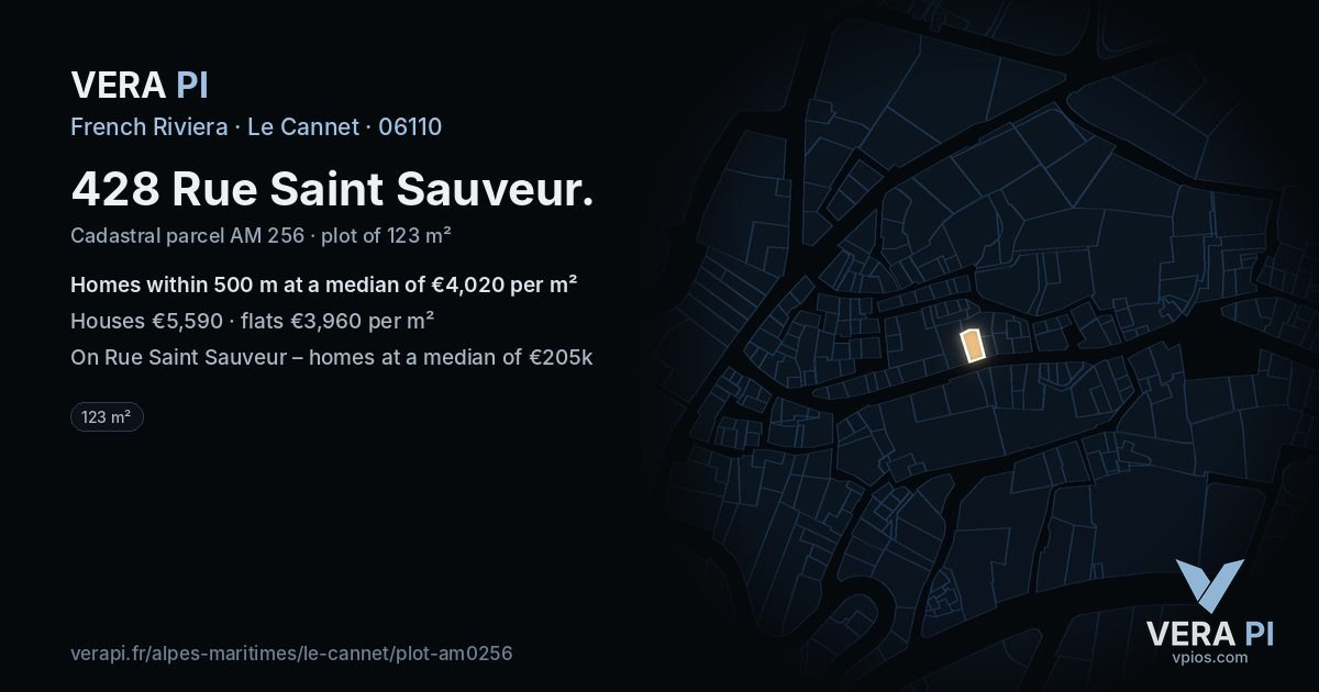 428 Rue Saint Sauveur, Le Cannet at night – the plot lit, the parcels around coloured by the prices near them