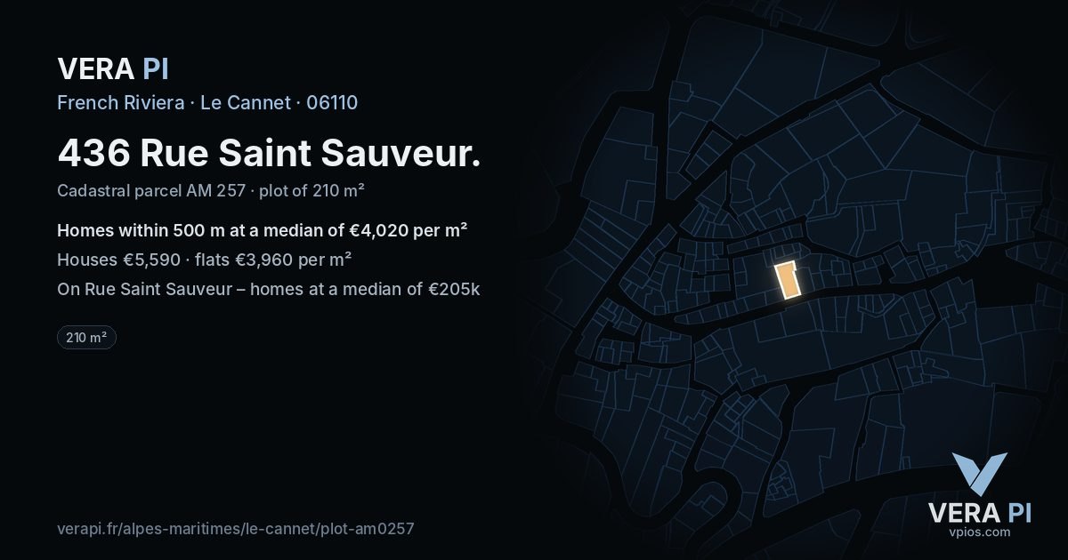 436 Rue Saint Sauveur, Le Cannet at night – the plot lit, the parcels around coloured by the prices near them