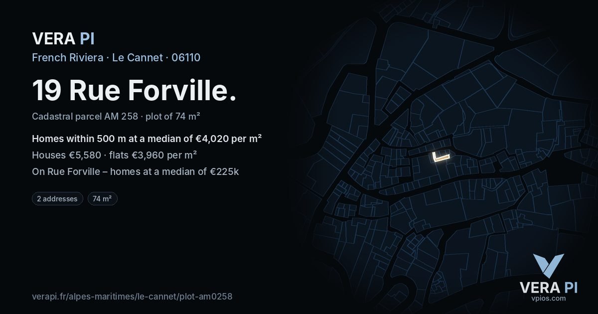 19 Rue Forville, Le Cannet at night – the plot lit, the parcels around coloured by the prices near them