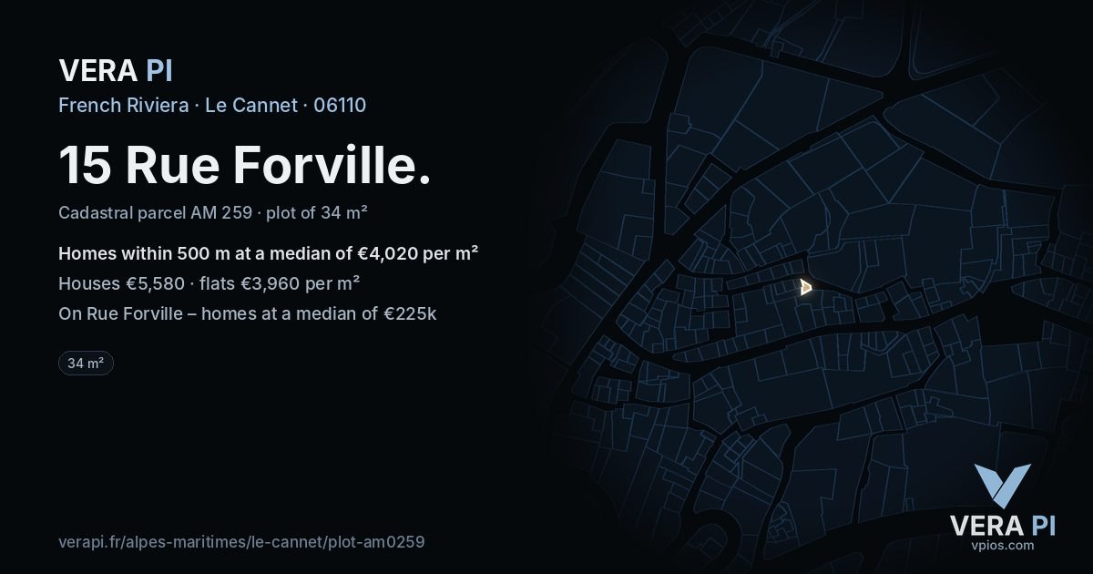 15 Rue Forville, Le Cannet at night – the plot lit, the parcels around coloured by the prices near them
