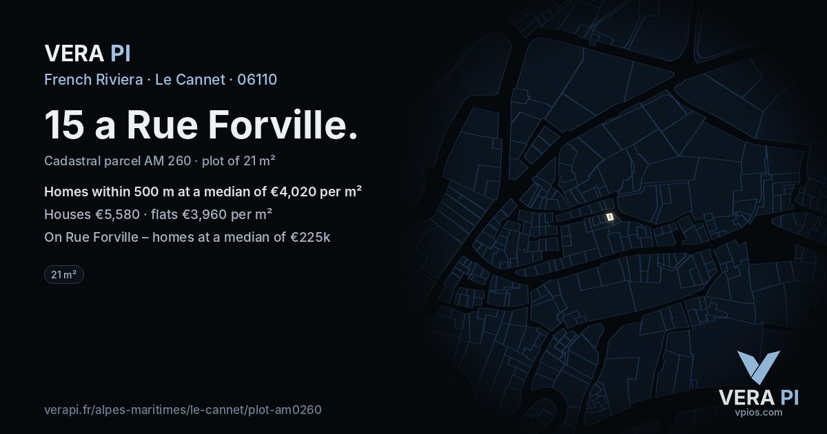15 a Rue Forville, Le Cannet at night – the plot lit, the parcels around coloured by the prices near them