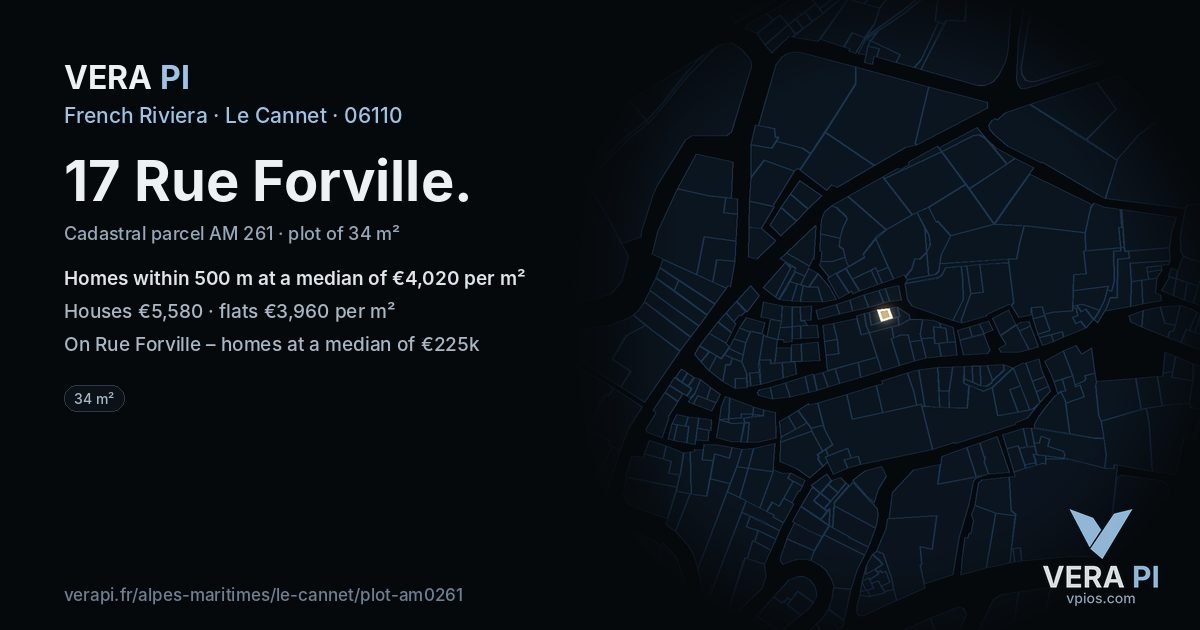 17 Rue Forville, Le Cannet at night – the plot lit, the parcels around coloured by the prices near them