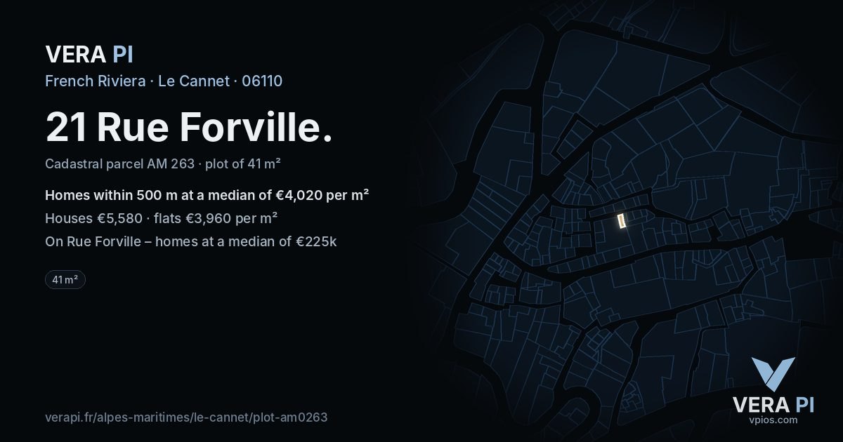 21 Rue Forville, Le Cannet at night – the plot lit, the parcels around coloured by the prices near them