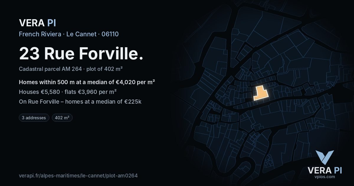 23 Rue Forville, Le Cannet at night – the plot lit, the parcels around coloured by the prices near them