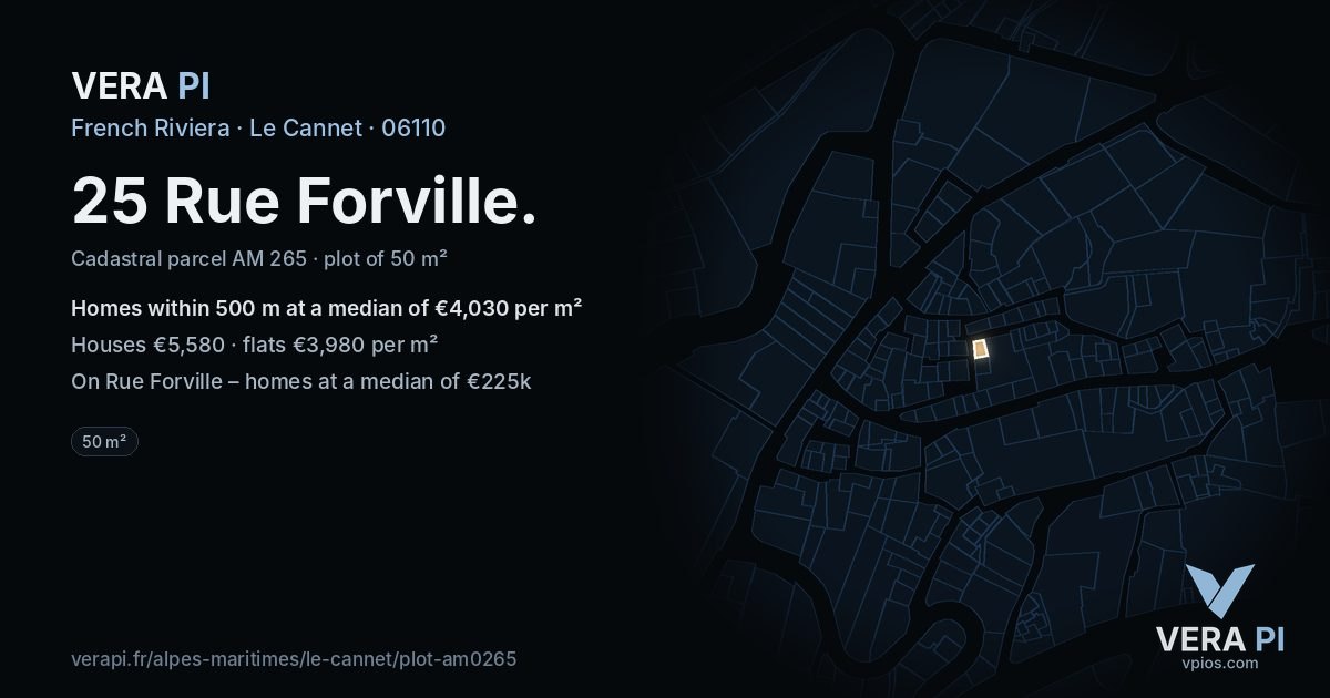 25 Rue Forville, Le Cannet at night – the plot lit, the parcels around coloured by the prices near them