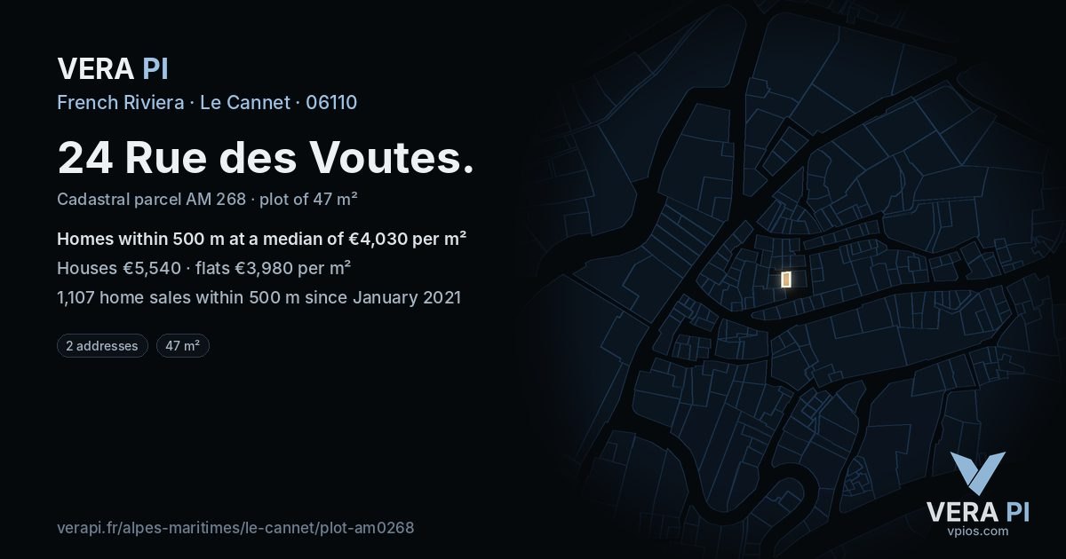 24 Rue des Voutes, Le Cannet at night – the plot lit, the parcels around coloured by the prices near them