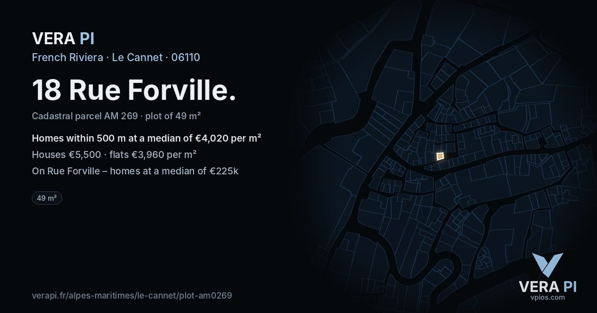18 Rue Forville, Le Cannet at night – the plot lit, the parcels around coloured by the prices near them