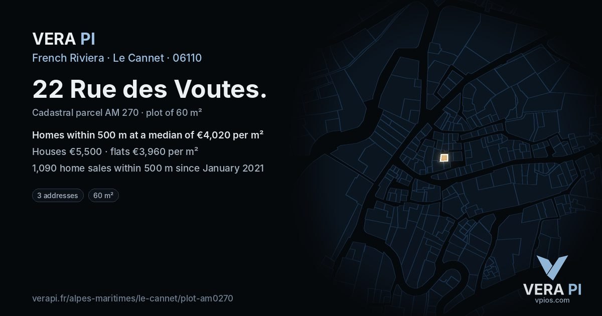 22 Rue des Voutes, Le Cannet at night – the plot lit, the parcels around coloured by the prices near them