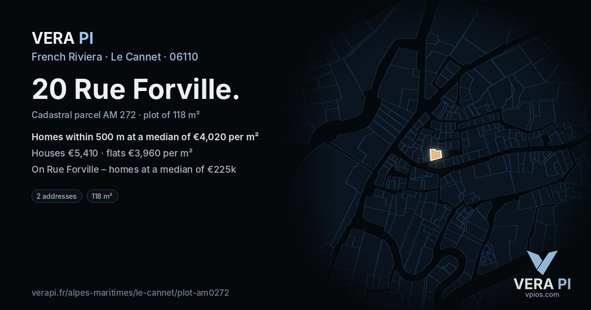 20 Rue Forville, Le Cannet at night – the plot lit, the parcels around coloured by the prices near them