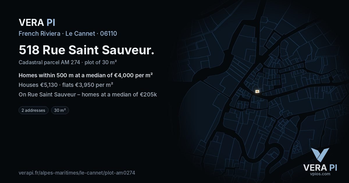 518 Rue Saint Sauveur, Le Cannet at night – the plot lit, the parcels around coloured by the prices near them