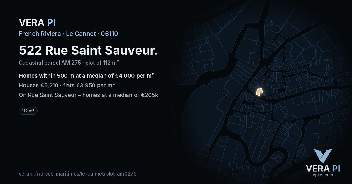 522 Rue Saint Sauveur, Le Cannet at night – the plot lit, the parcels around coloured by the prices near them