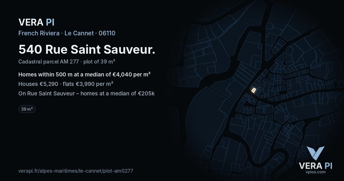 540 Rue Saint Sauveur, Le Cannet at night – the plot lit, the parcels around coloured by the prices near them
