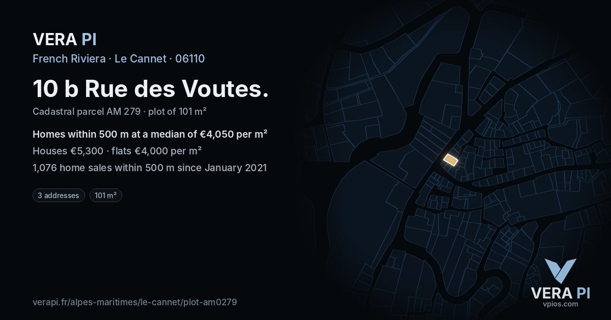 10 b Rue des Voutes, Le Cannet at night – the plot lit, the parcels around coloured by the prices near them