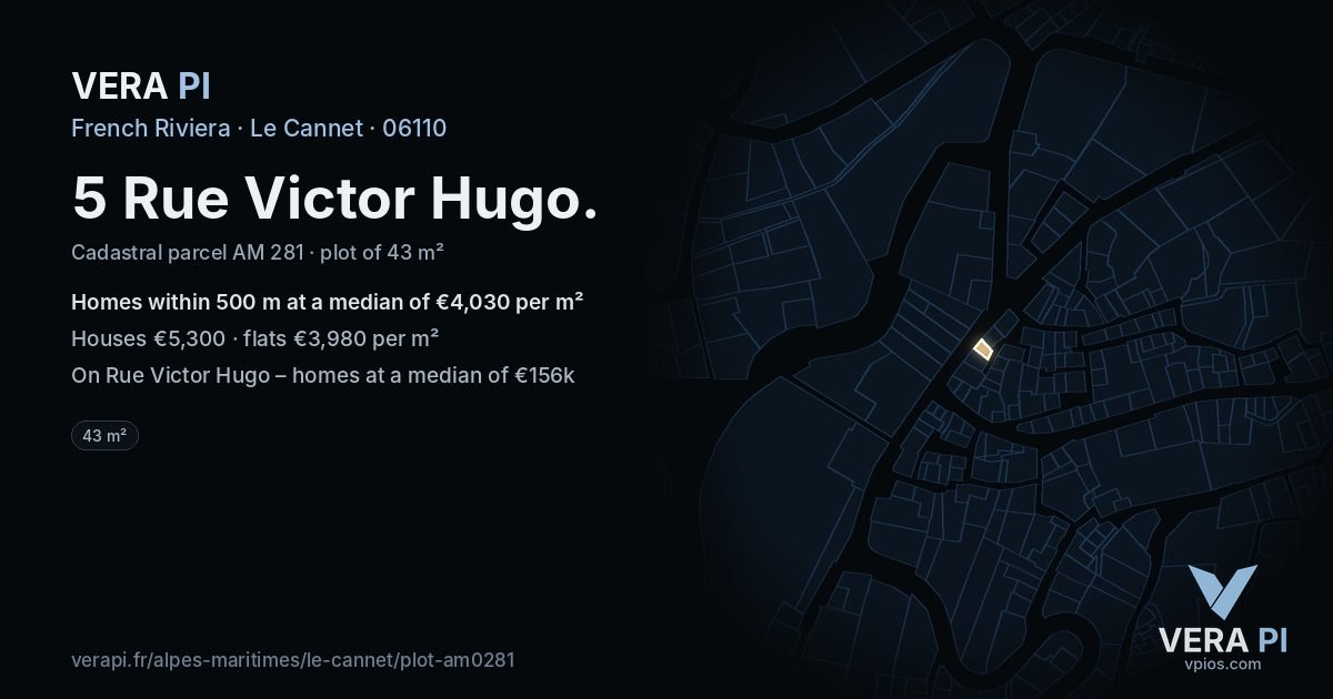 5 Rue Victor Hugo, Le Cannet at night – the plot lit, the parcels around coloured by the prices near them