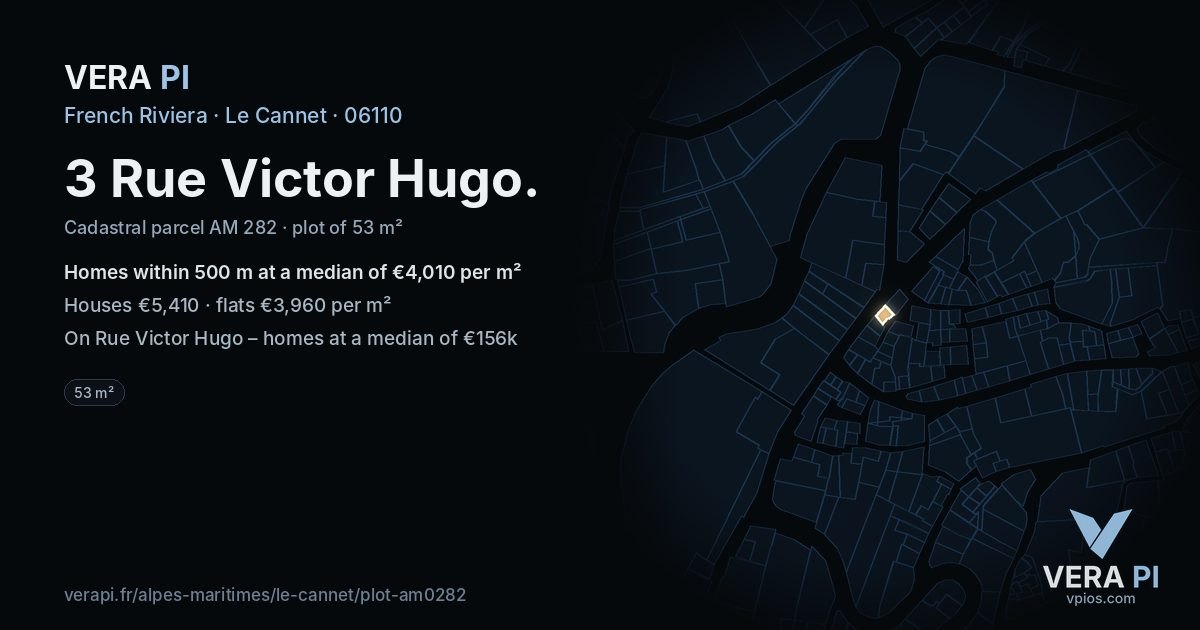3 Rue Victor Hugo, Le Cannet at night – the plot lit, the parcels around coloured by the prices near them