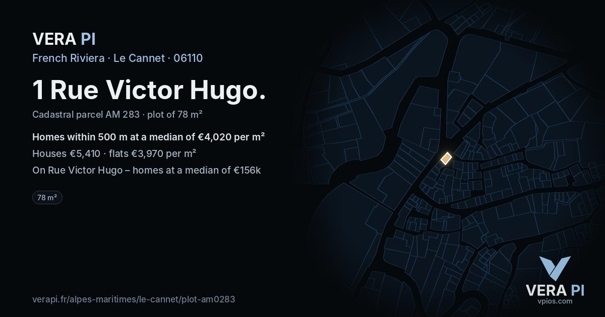 1 Rue Victor Hugo, Le Cannet at night – the plot lit, the parcels around coloured by the prices near them
