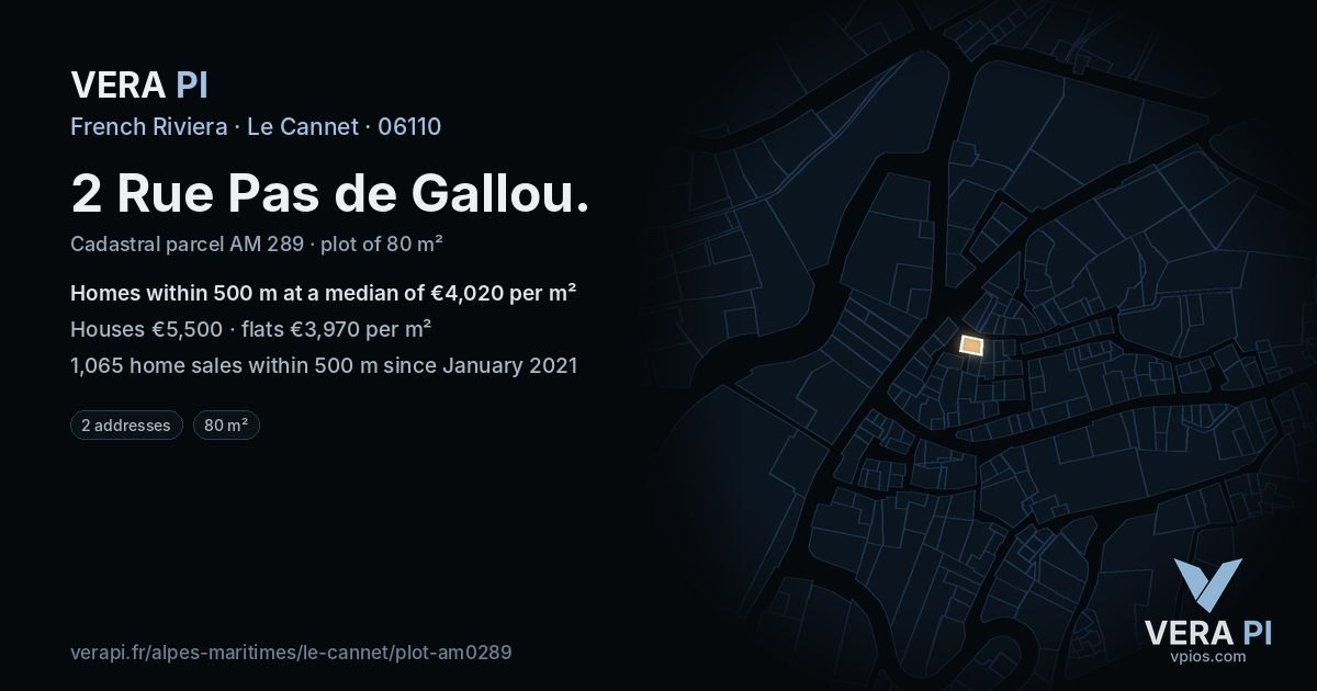 2 Rue Pas de Gallou, Le Cannet at night – the plot lit, the parcels around coloured by the prices near them