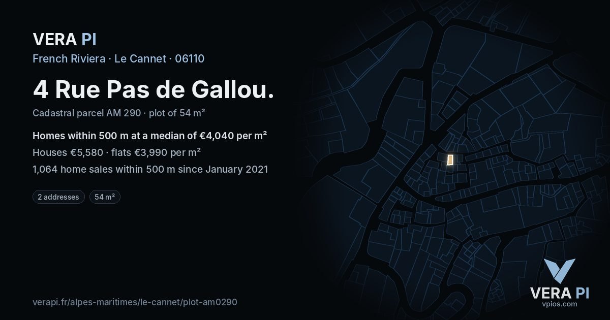 4 Rue Pas de Gallou, Le Cannet at night – the plot lit, the parcels around coloured by the prices near them