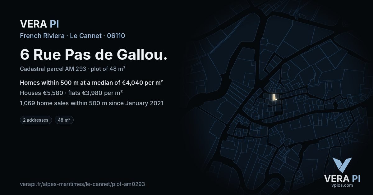 6 Rue Pas de Gallou, Le Cannet at night – the plot lit, the parcels around coloured by the prices near them