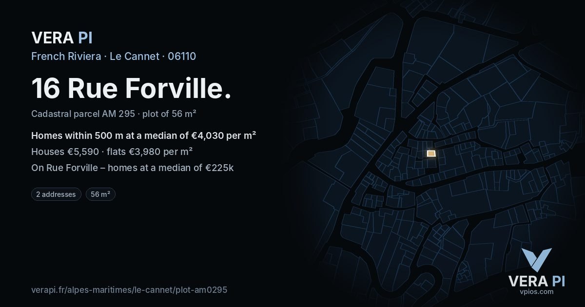 16 Rue Forville, Le Cannet at night – the plot lit, the parcels around coloured by the prices near them