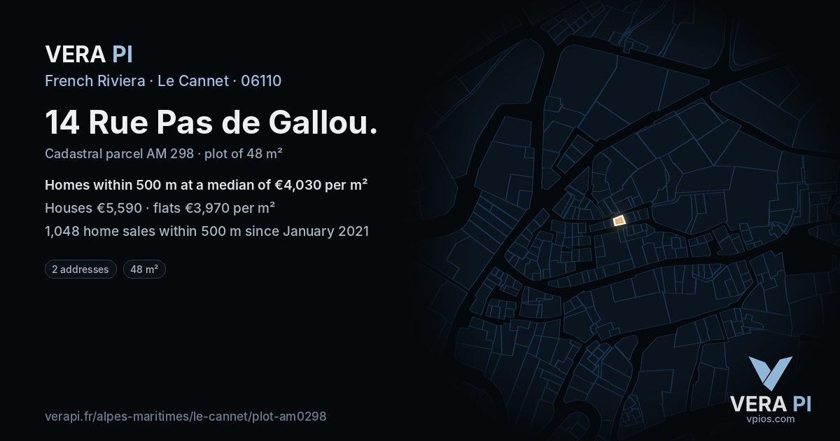 14 Rue Pas de Gallou, Le Cannet at night – the plot lit, the parcels around coloured by the prices near them