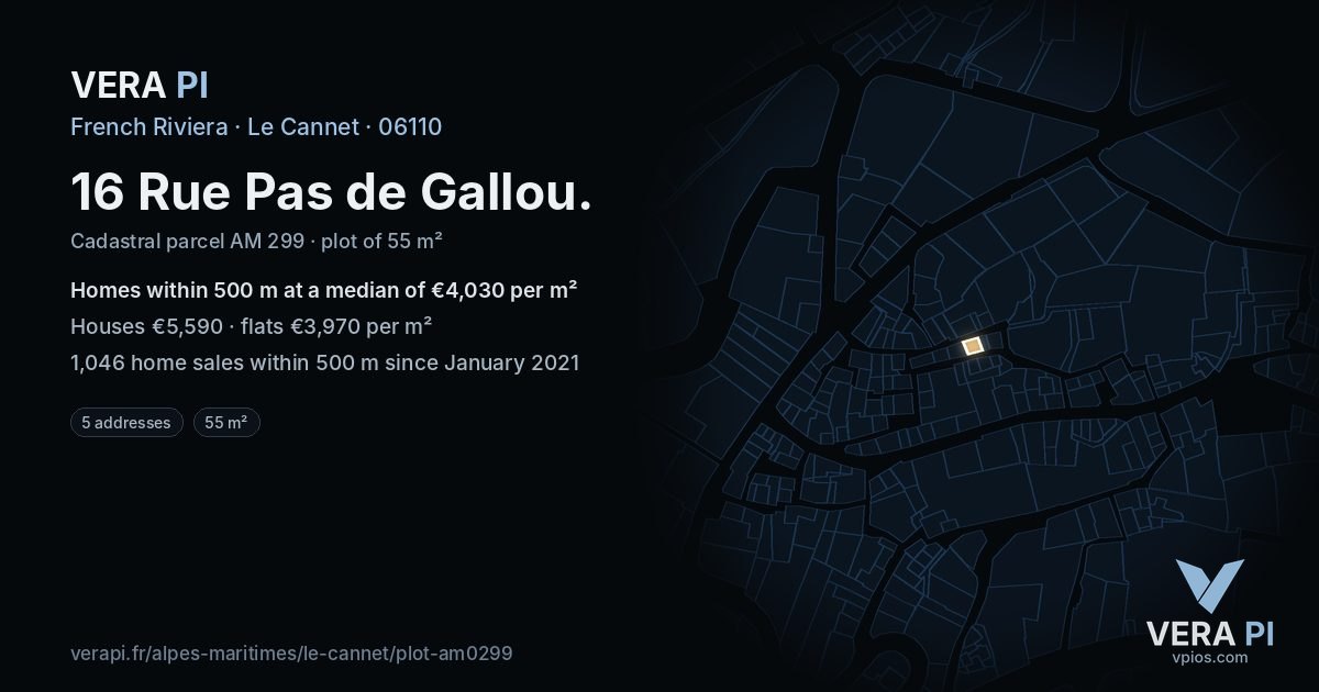 16 Rue Pas de Gallou, Le Cannet at night – the plot lit, the parcels around coloured by the prices near them