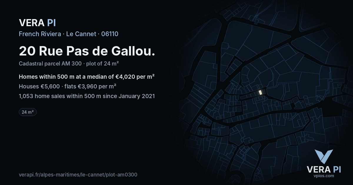 20 Rue Pas de Gallou, Le Cannet at night – the plot lit, the parcels around coloured by the prices near them