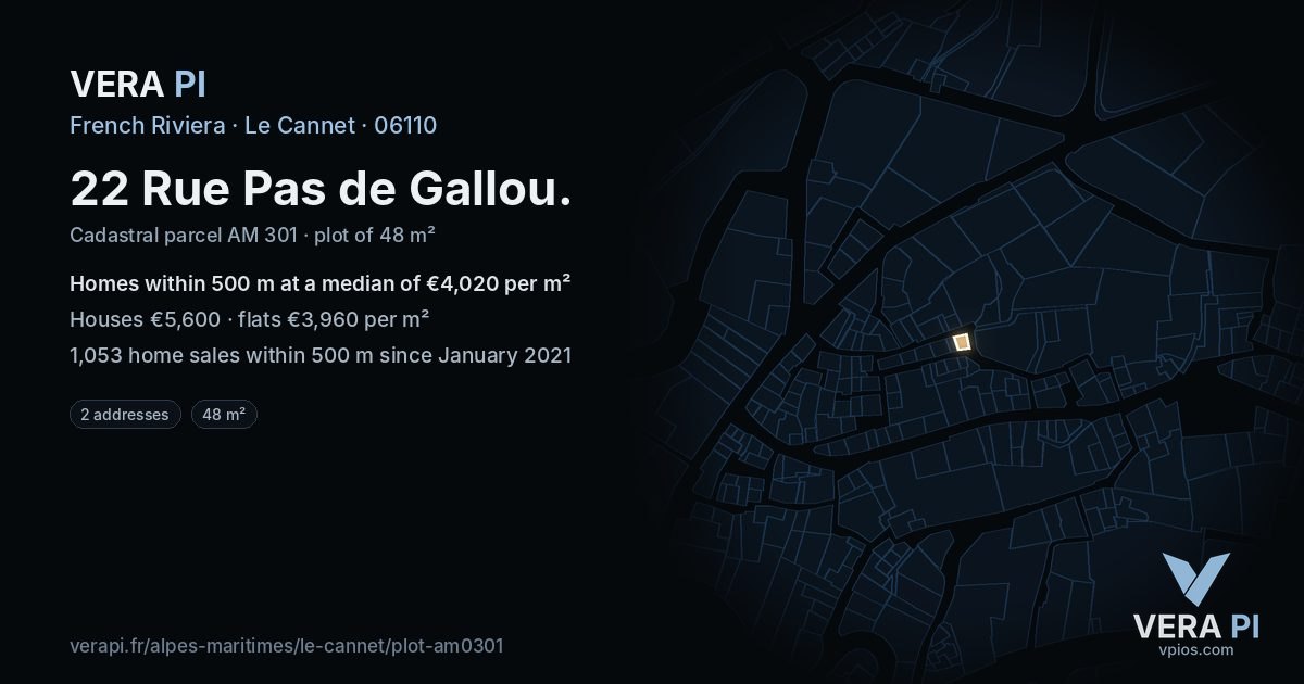22 Rue Pas de Gallou, Le Cannet at night – the plot lit, the parcels around coloured by the prices near them