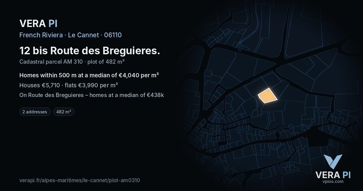 12 bis Route des Breguieres, Le Cannet at night – the plot lit, the parcels around coloured by the prices near them
