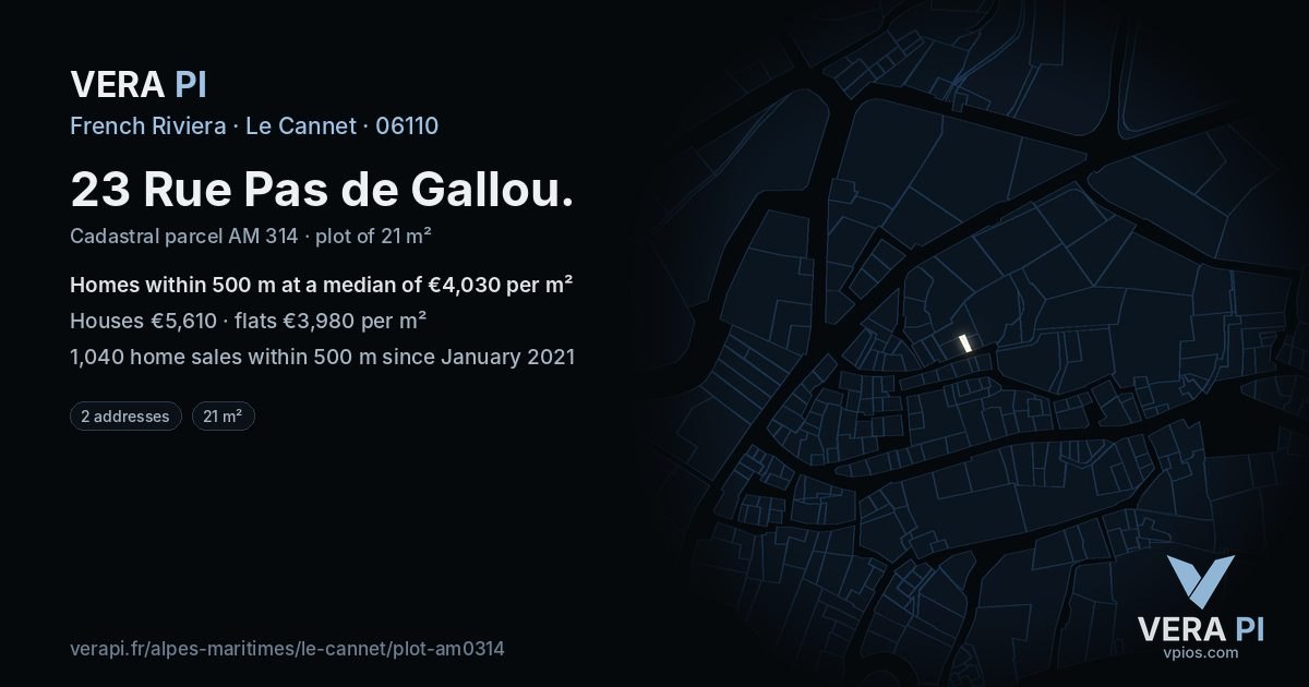 23 Rue Pas de Gallou, Le Cannet at night – the plot lit, the parcels around coloured by the prices near them