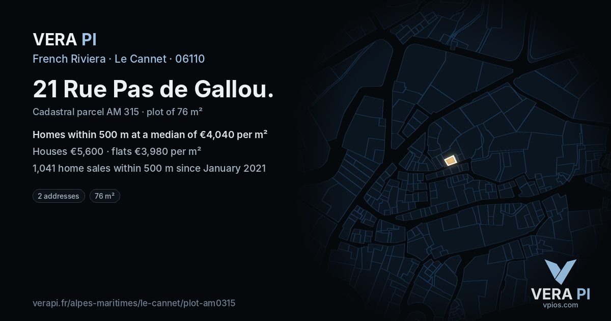 21 Rue Pas de Gallou, Le Cannet at night – the plot lit, the parcels around coloured by the prices near them