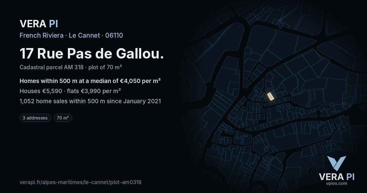 17 Rue Pas de Gallou, Le Cannet at night – the plot lit, the parcels around coloured by the prices near them