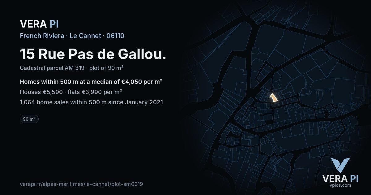 15 Rue Pas de Gallou, Le Cannet at night – the plot lit, the parcels around coloured by the prices near them