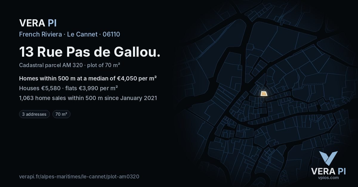 13 Rue Pas de Gallou, Le Cannet at night – the plot lit, the parcels around coloured by the prices near them