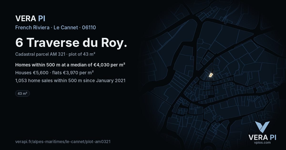 6 Traverse du Roy, Le Cannet at night – the plot lit, the parcels around coloured by the prices near them