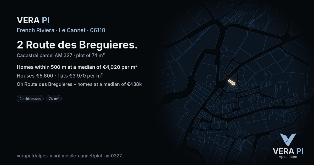 2 Route des Breguieres, Le Cannet at night – the plot lit, the parcels around coloured by the prices near them