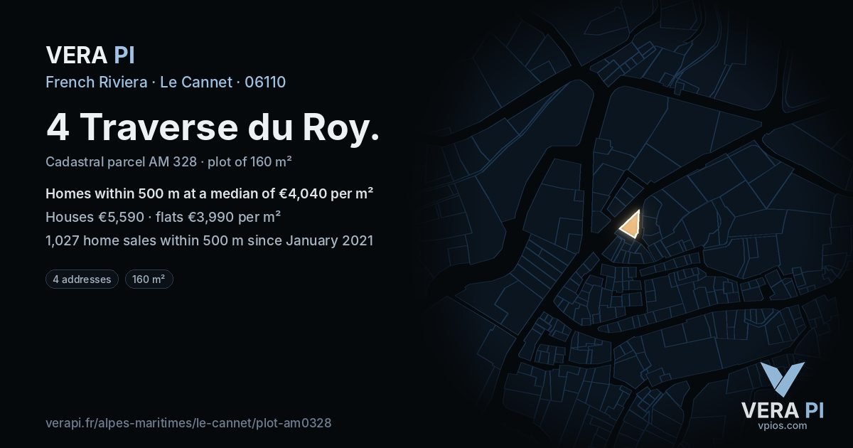 4 Traverse du Roy, Le Cannet at night – the plot lit, the parcels around coloured by the prices near them