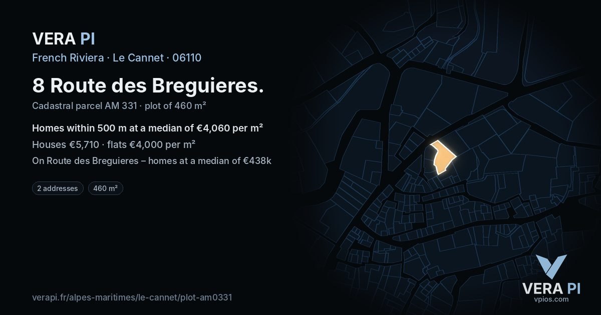 8 Route des Breguieres, Le Cannet at night – the plot lit, the parcels around coloured by the prices near them