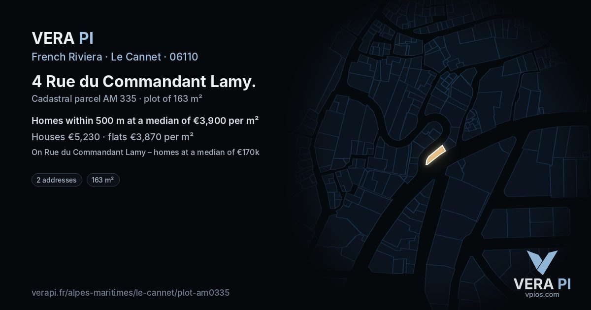 4 Rue du Commandant Lamy, Le Cannet at night – the plot lit, the parcels around coloured by the prices near them